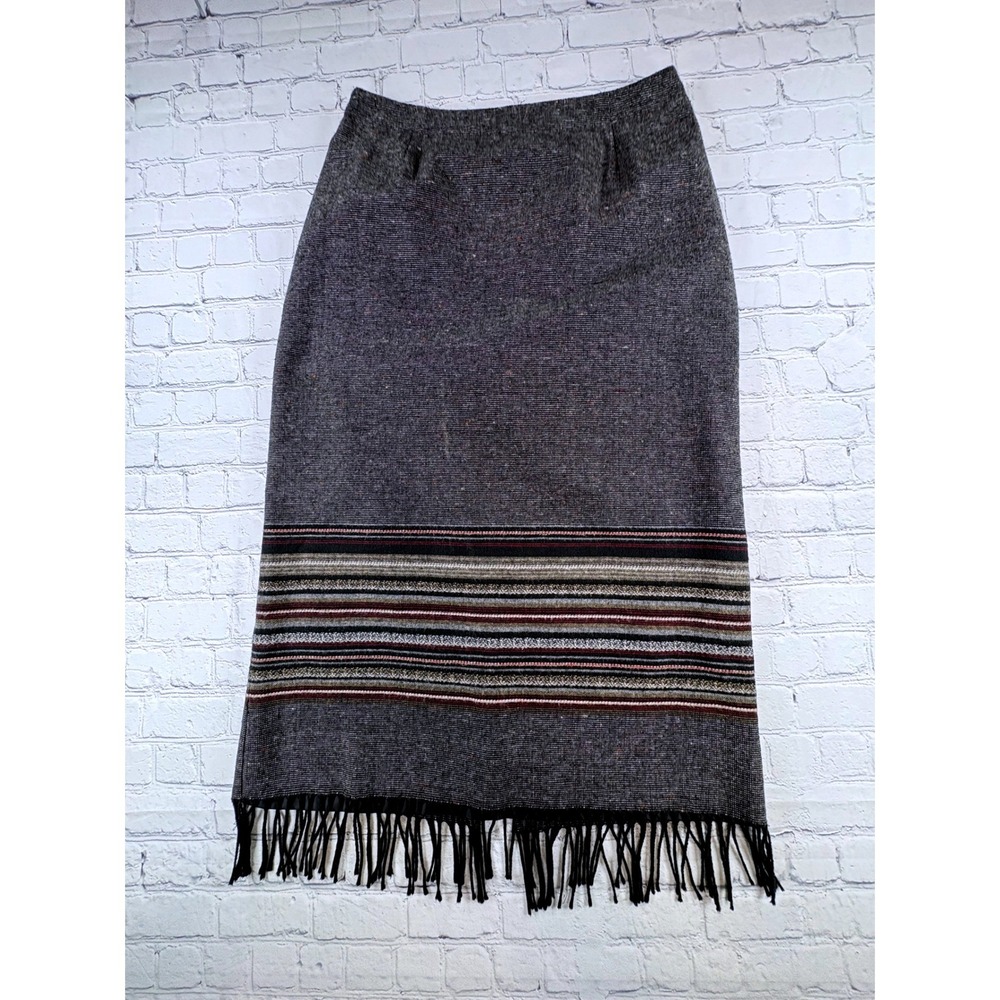 Dress Barn Long Skirt Womens 12 Gray Wool Blend Fringe Southwestern Boho Vintage